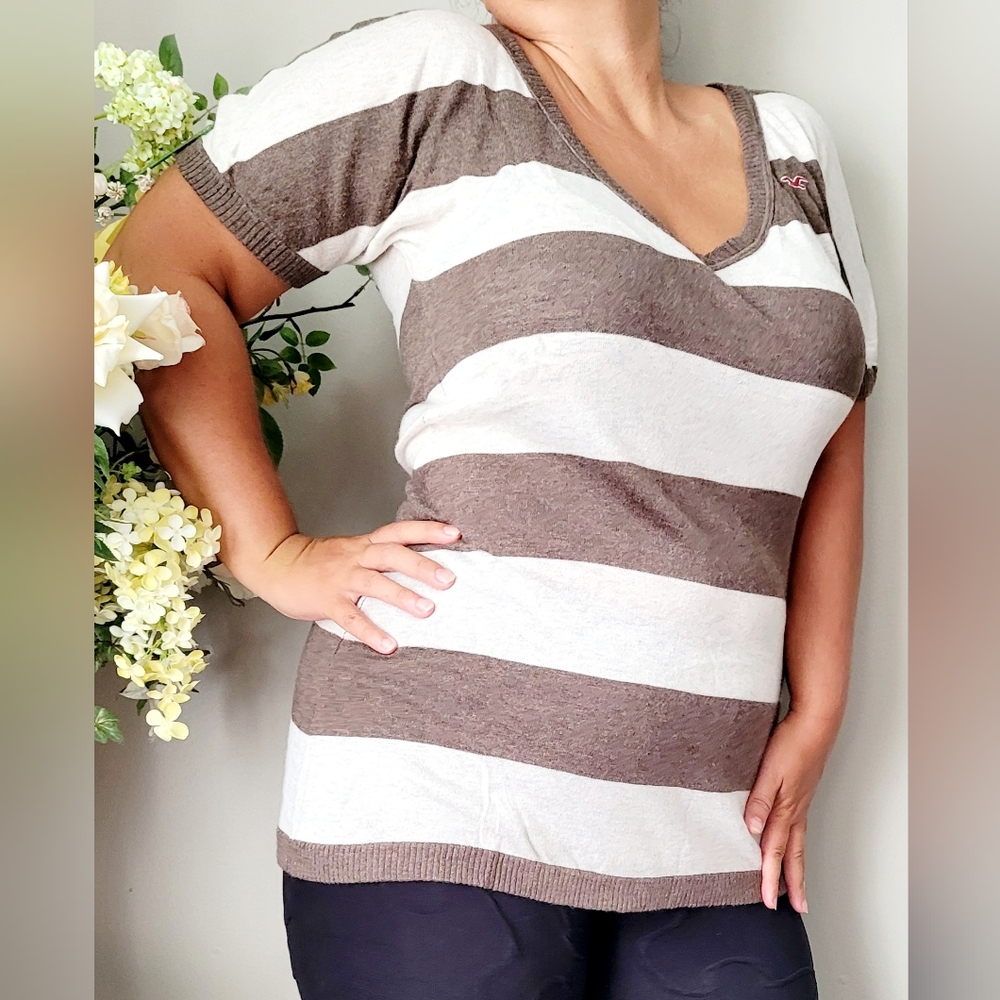 Hollister Women's Tunic Sweater Cotton/Viscose V-Neck Striped Medium